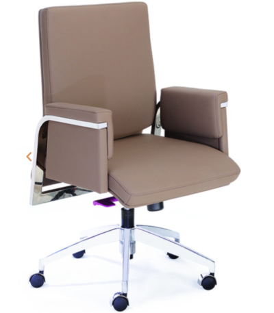 Discover the Krishtha brown leather office chair with fixed arms, 360° rotation, and a stainless steel base with 5 wheels—ideal for office comfort and mobility.