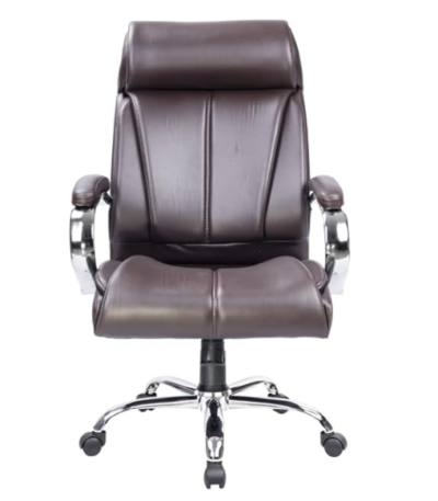 Krishtha brown ergonomic office chair with faux leather finish, solid back support, and 125 kg capacity. Ideal for home offices, students, and professionals.