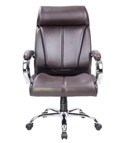 Krishtha brown ergonomic office chair with faux leather finish, solid back support, and 125 kg capacity. Ideal for home offices, students, and professionals.