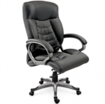 Krishtha STC1019 black leather office chair with fixed arms, steel frame, rotatable seat, and stainless steel base. Ideal for office use. MOQ: 80 units.