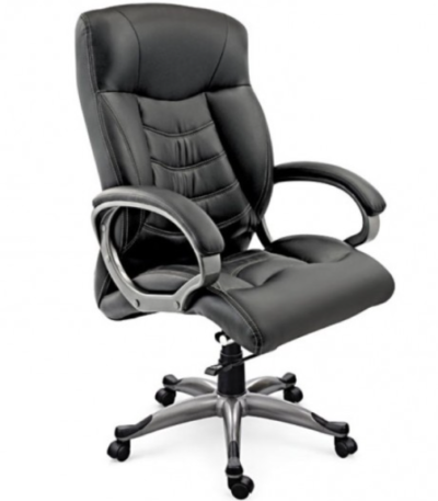 Krishtha STC1019 black leather office chair with fixed arms, steel frame, rotatable seat, and stainless steel base. Ideal for office use. MOQ: 80 units.