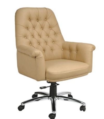 Krishtha medium back chair with leatherite upholstery, cushioned arms, torsion bar mechanism, and chrome gaslift base. Custom colors available.