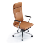Krishtha brown leather office chair with knee tilt mechanism, fixed arms, 360° rotation, and stainless steel base. Built for comfort and performance. Made in India.