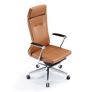 Krishtha brown leather office chair with knee tilt mechanism, fixed arms, 360° rotation, and stainless steel base. Built for comfort and performance. Made in India.