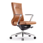 Krishtha STC1027 office chair with brown leather finish, fixed arms, 360° swivel, and durable stainless steel base. Ideal for office use. Made in India.