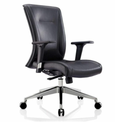 Krishtha STC1029 office chair with premium black leather, adjustable arms, 360° swivel, and durable stainless steel legs. Made in India. Ideal for office use.