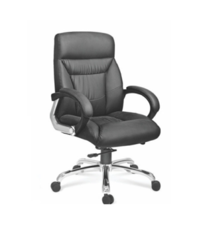 Krishtha STC1031 black leather office chair with adjustable arms, 360° swivel, and a sturdy stainless steel base. Made in India. Perfect for modern office spaces.