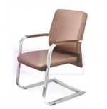 Krishtha brown leather office chair with fixed arms, stainless steel legs, and adjustable seat height. Non-rotatable design ideal for formal office settings.