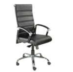 Krishtha mid back executive chair with black leather seat, stainless steel frame, fixed arms, 5-wheel base, and 360° rotation. 3-month warranty included.