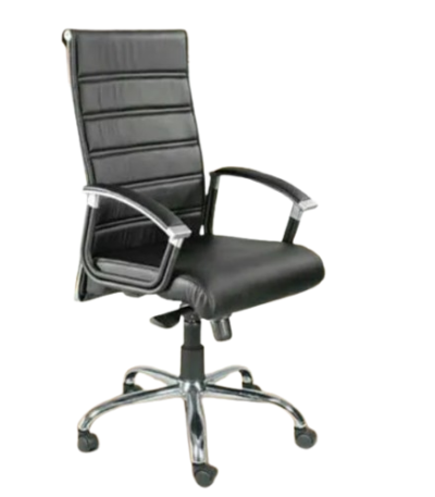 Krishtha mid back executive chair with black leather seat, stainless steel frame, fixed arms, 5-wheel base, and 360° rotation. 3-month warranty included.