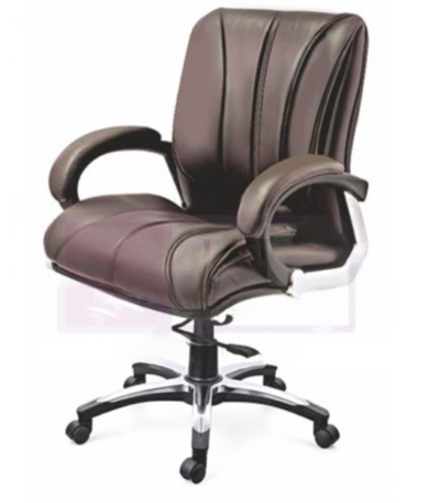 Krishtha STC1018 black leather office chair with fixed arms, rotatable seat, stainless steel base, and 5 wheels. Ideal for office use. MOQ: 80. Made in India.