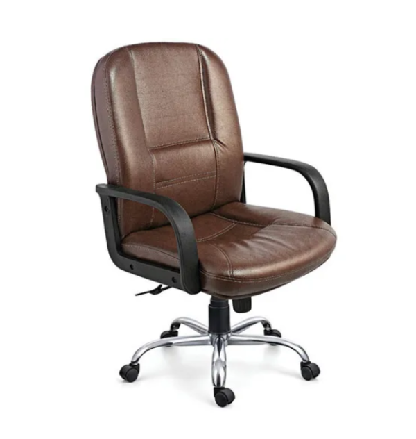 Krishtha STC-038/M Low Back Office Chair – Brown Leather, Rotatable, Stainless Steel Base