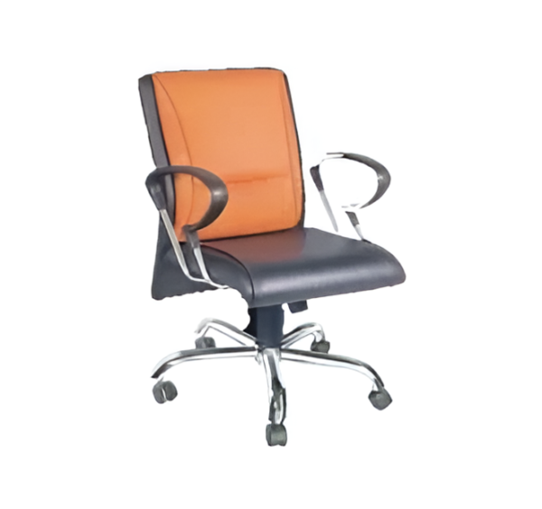 Krishtha Leather Mid Back Comfortable Revolving ChairKrishtha Mid Back Office Chair – Black & Orange Leather, Rotatable, Stainless Steel Frame