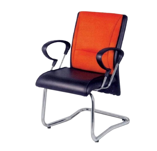 Krishtha Leather Visitor ChairKrishtha Mid Back Office Chair – Black & Orange Leather, Stainless Steel Frame, Rotatable Design