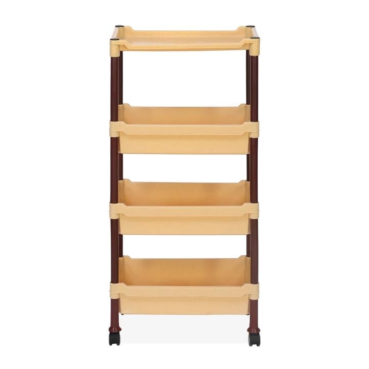 Nilkamal Plastic Kitchen Trolley | Vegetable & Fruit Storage Organizer with 4-Tier Racks | For Kitchen, Office, Bedroom & Living Room | Maroon and Marble Beige