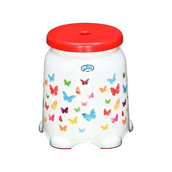 Nilkamal Round Designer Plastic Bathroom Stool – Hot Red | 14 Inch (36 cm) Height | Big Size, Strong & Stylish Bathing Stool for Adults | Antique Style
