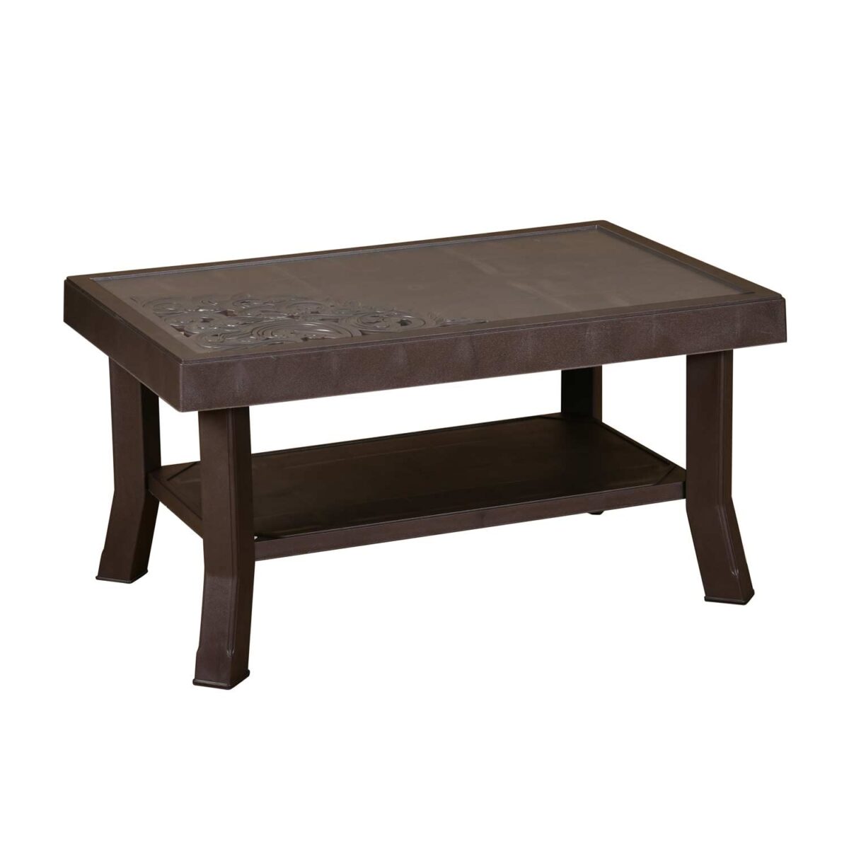 Nilkamal Center Table with 2 Carvings & Glass Top – Weather Brown | Elegant & Durable Living Room Table