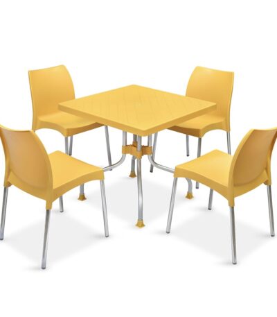 Nilkamal Orchid 4-Seater Square Dining Table Set – Virgin Plastic | Mustard Yellow | Indoor & Outdoor Use for Home, Office, Café & Restaurant