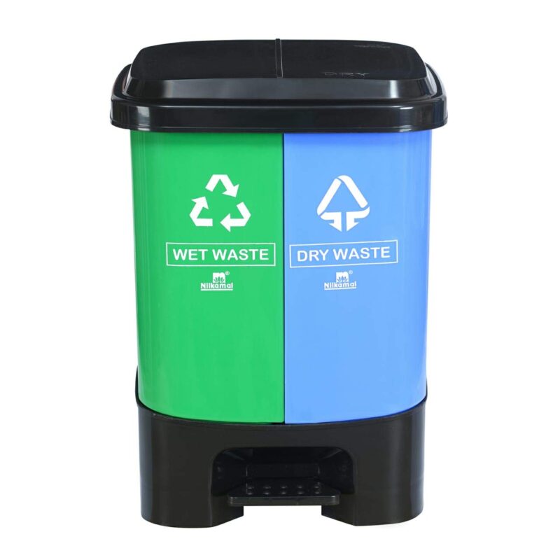 Nilkamal Plastic Step-On Wet and Dry Dustbin – 40 Litres (Green & Blue, 20+20 L) | Dual Compartment Pedal Bin for Home, Office & Commercial Use
