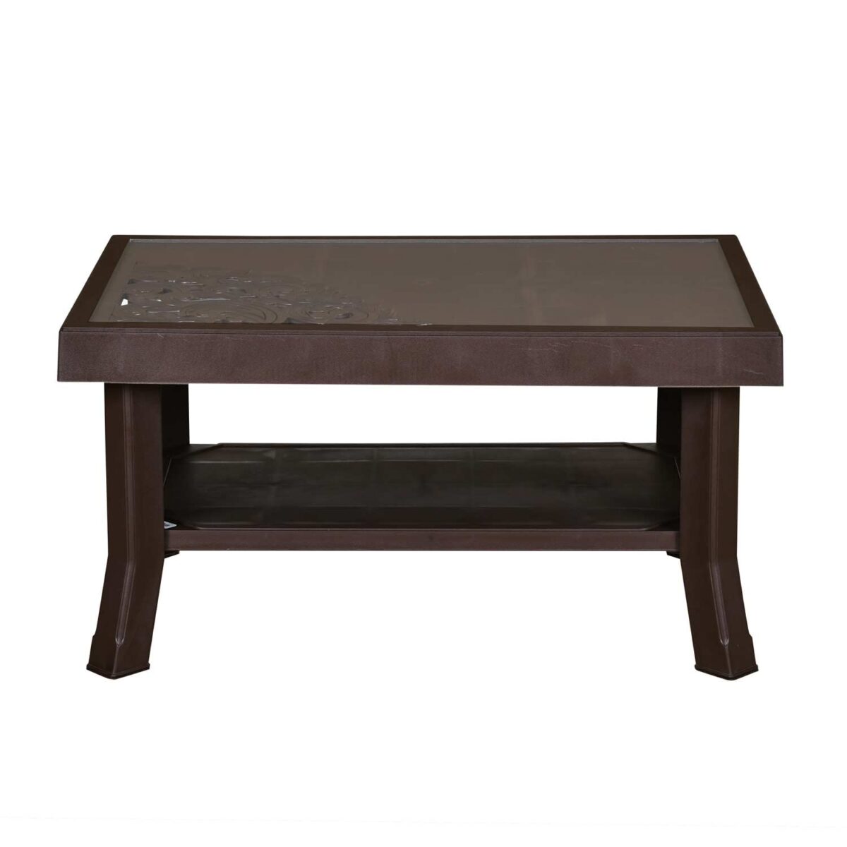 Nilkamal Center Table with 2 Carvings & Glass Top – Weather Brown | Elegant & Durable Living Room Table