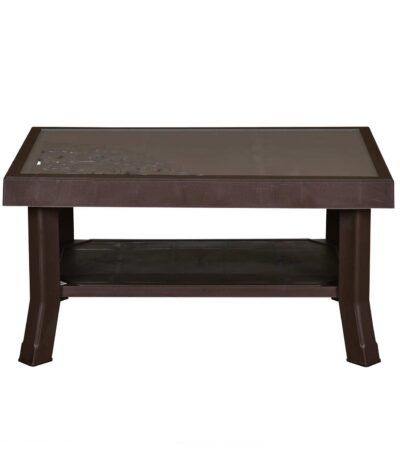 Nilkamal Center Table with 2 Carvings & Glass Top – Weather Brown | Elegant & Durable Living Room Table