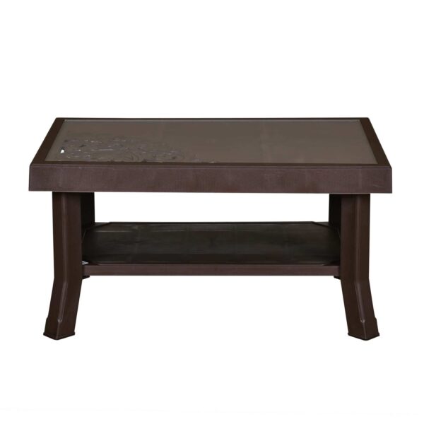 Nilkamal Center Table with 2 Carvings & Glass Top – Weather Brown | Elegant & Durable Living Room Table