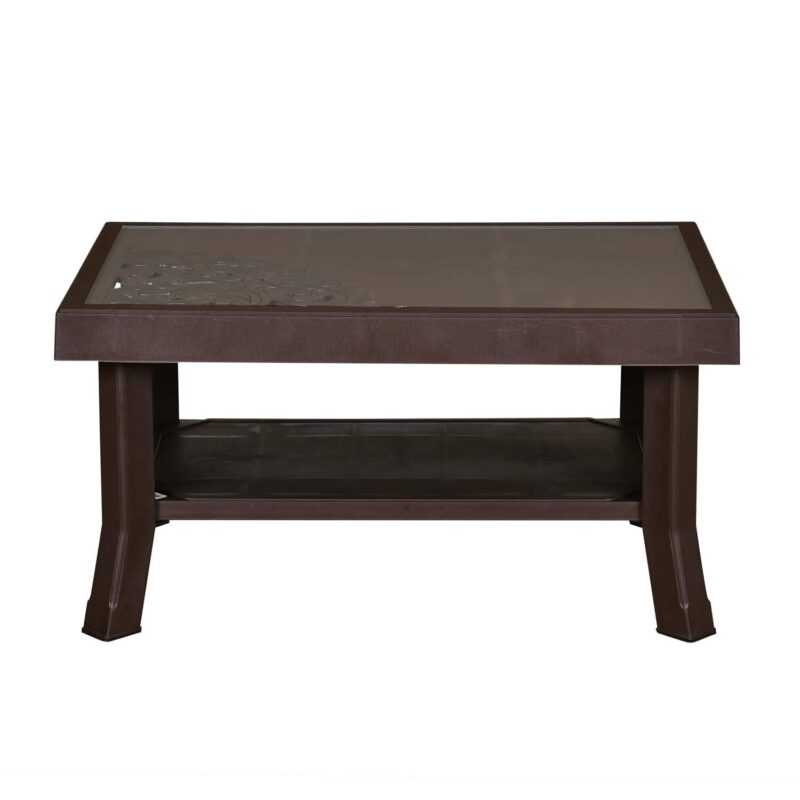 Nilkamal Center Table with 2 Carvings & Glass Top – Weather Brown | Elegant & Durable Living Room Table