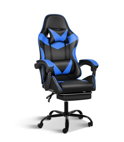 KRISHTHA Ergonomic Gaming Chair with Footrest | Adjustable Height & Reclining Backrest | Racing Style Swivel Office Chair with Lumbar Support | Black/Blue