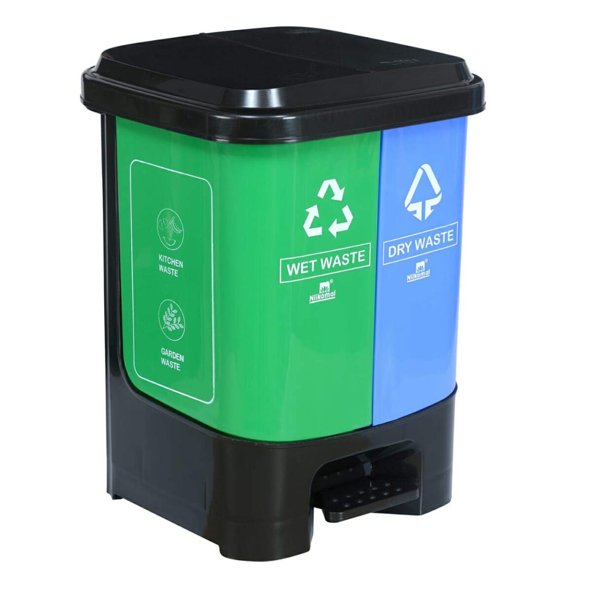 Nilkamal Plastic Step-On Wet and Dry Dustbin – 40 Litres (Green & Blue, 20+20 L) | Dual Compartment Pedal Bin for Home, Office & Commercial Use