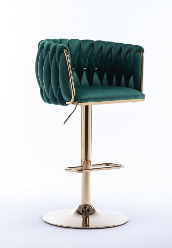 KRISHTHA Dream Furnishing – 1 Velvet Bar/Kitchen Chair with 360° Swivel, Golden Base & Elegant Comfort (Green)
