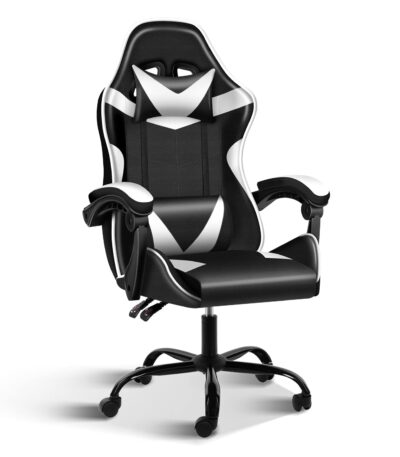 KRISHTHA Big & Tall Gaming Chair | Racing Style Swivel Office Chair | Ergonomic Design with Headrest & Lumbar Support | Black/White | Faux Leather