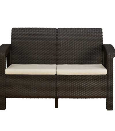 Nilkamal Goa 2 Seater Balcony Sofa with Cushion | Weathered Brown | Indoor & Outdoor Plastic Patio Loveseat for Garden, Terrace, Café, or Living Room | With Armrest & Microfibre Upholstery