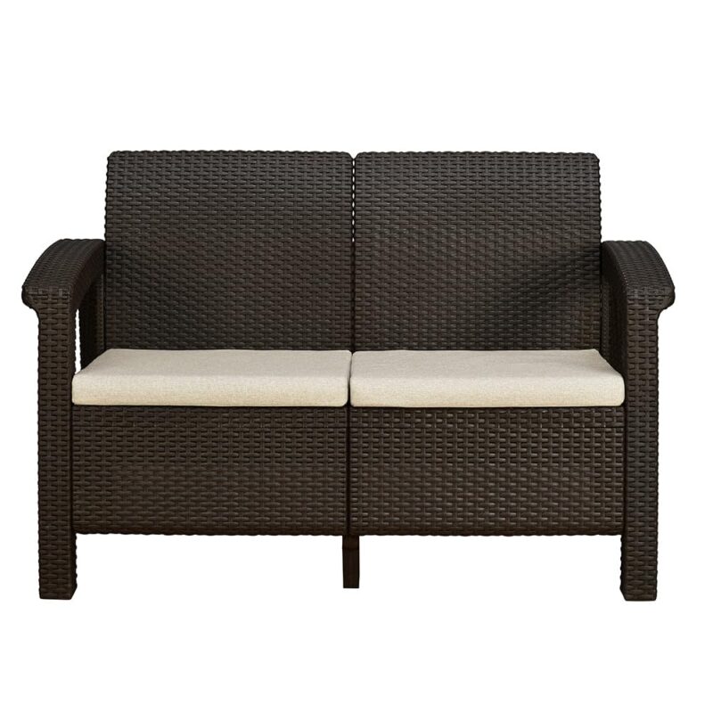 Nilkamal Goa 2 Seater Balcony Sofa with Cushion | Weathered Brown | Indoor & Outdoor Plastic Patio Loveseat for Garden, Terrace, Café, or Living Room | With Armrest & Microfibre Upholstery