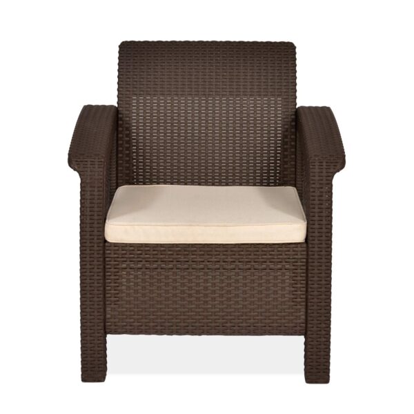 Nilkamal Goa 1 Seater Balcony Sofa with Cushion | Brown | Comfortable Indoor & Outdoor Plastic Chair for Patio, Garden, Terrace, Poolside & Cafes