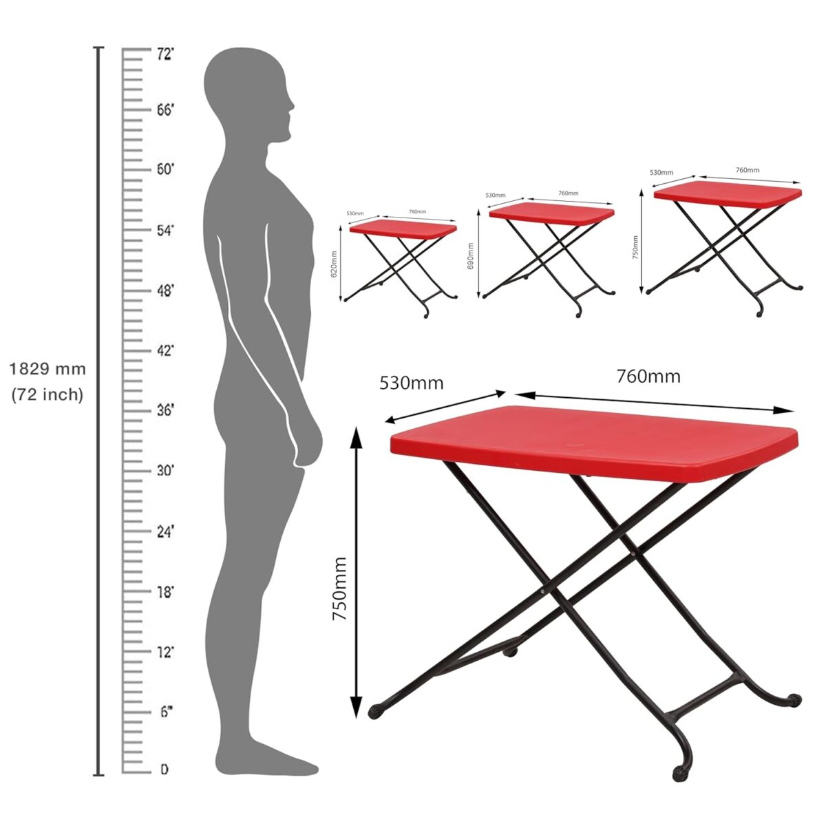 Krishtha Multi-Purpose 3 Height Adjustable Rectangle Plastic Table – Portable & Versatile for Study, Office, Work from Home, Laptop & Indoor/Outdoor Use (Red)