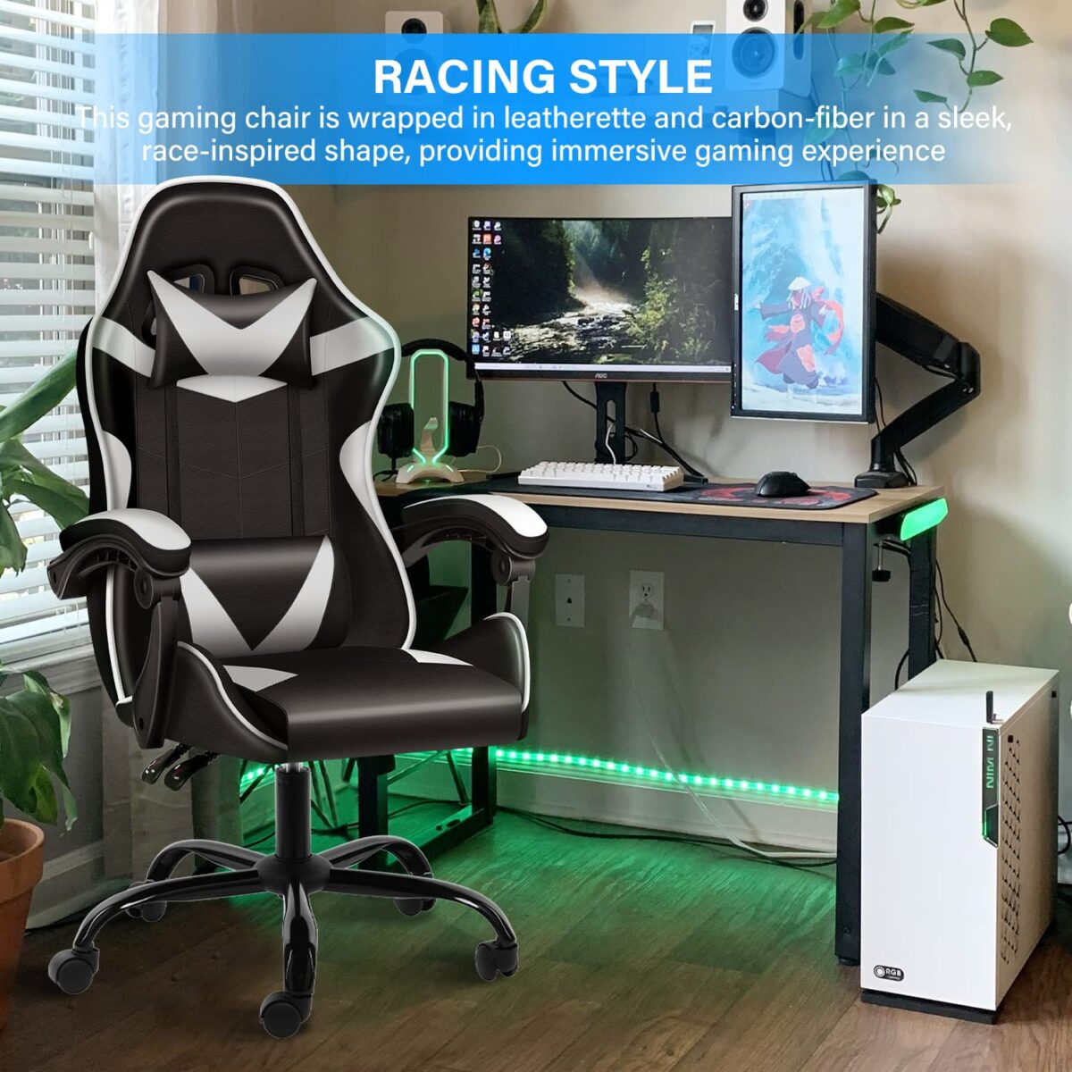 KRISHTHA Big & Tall Gaming Chair | Racing Style Swivel Office Chair | Ergonomic Design with Headrest & Lumbar Support | Black/White | Faux Leather