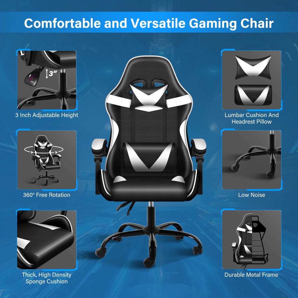 KRISHTHA Big & Tall Gaming Chair | Racing Style Swivel Office Chair | Ergonomic Design with Headrest & Lumbar Support | Black/White | Faux Leather