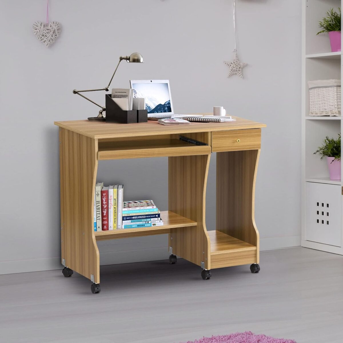 Nilkamal Zeinth Engineered Wood Computer Table – Study Desk with Keyboard Tray, 2 Open Shelves & 1 Drawer, Teak Finish