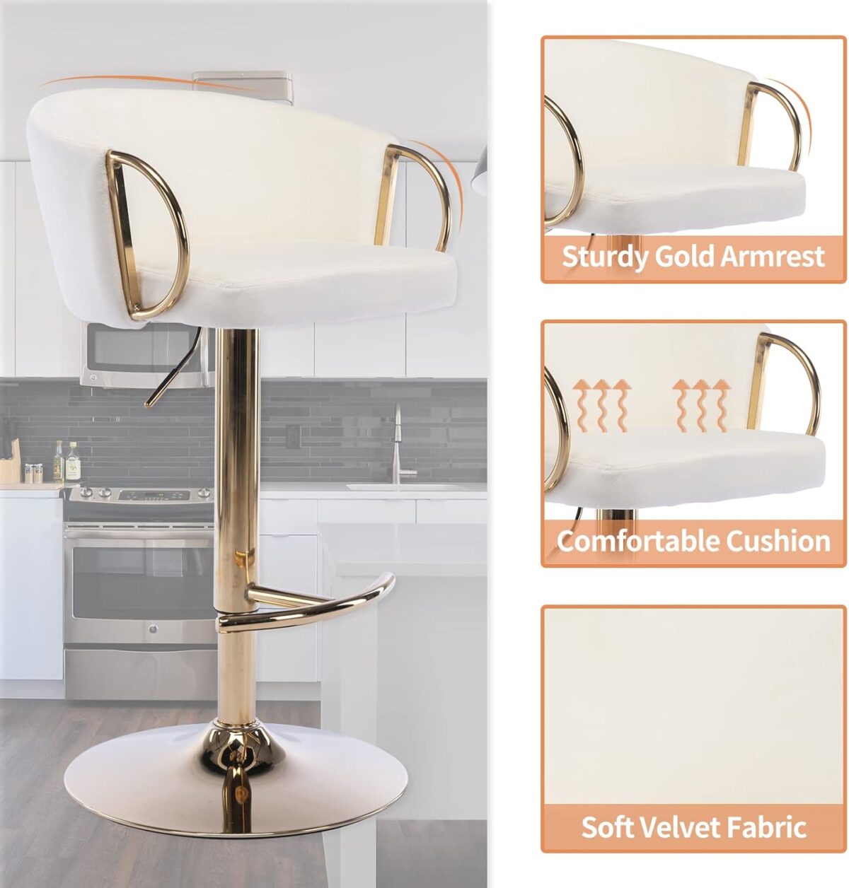 KRISHTHA Modern Adjustable Swivel Counter Height Bar Stool with Back and Gold Arms – Velvet Upholstered Bar Chair with Metal Base for Kitchen Island & Dining Room (Ivory)