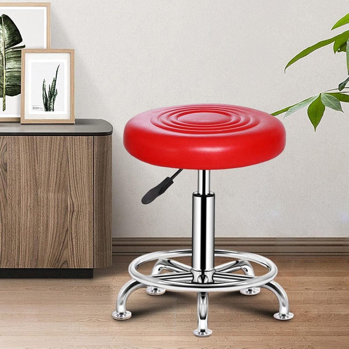 KRISHTHA Adjustable Height Stool (15–20 Inches) – Red Faux Leather Seat with Chrome Metal Frame – Ideal for Kitchen, Office, Bar, Clinic & More