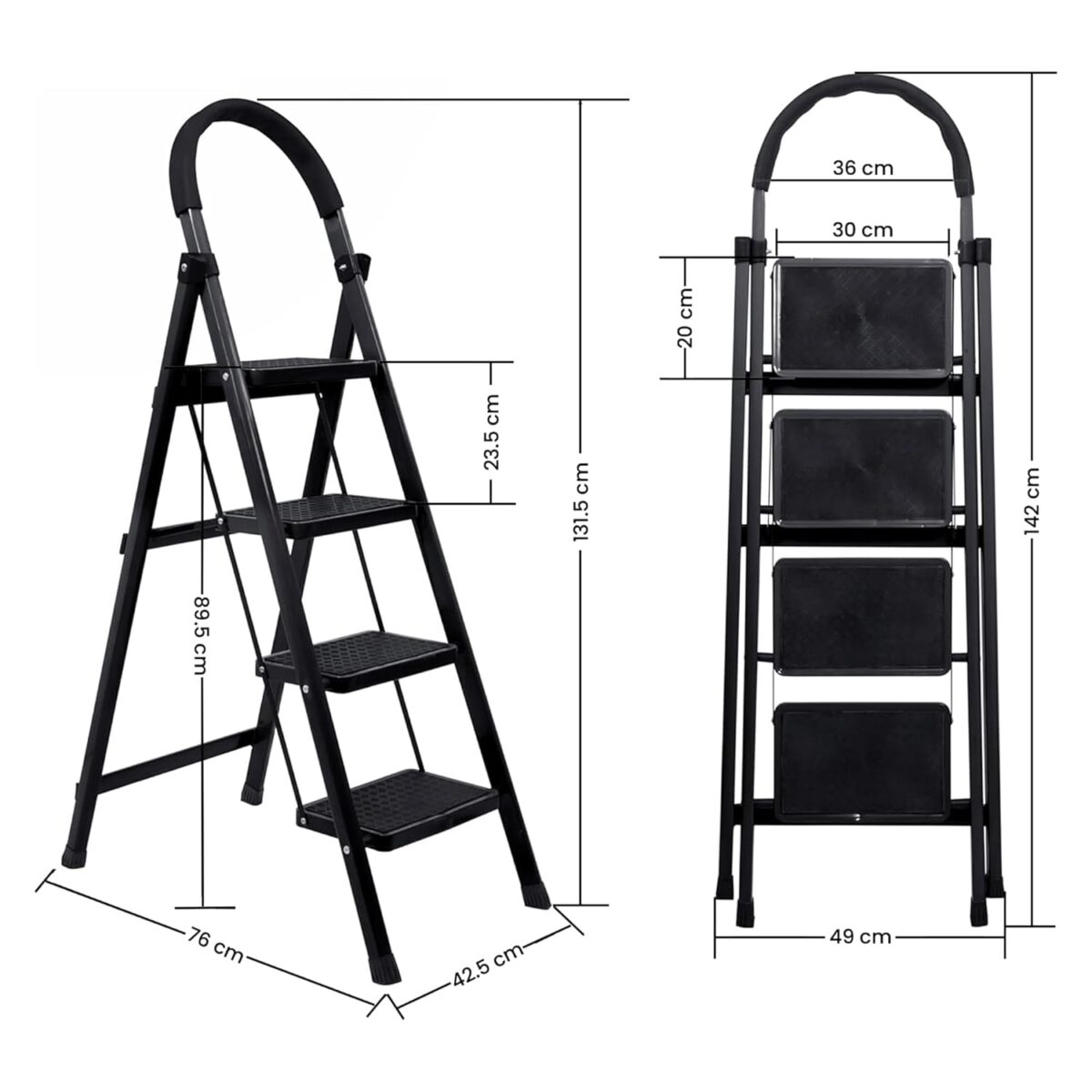Nilkamal Premium MS Steel 4-Step Foldable Ladder – 5.1 FT Height | Anti-Skid Wide Pedals, Hand Grip | Supports 150+ kg | Shock-Resistant Step Stool for Home (Black)