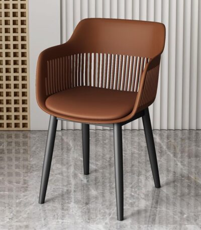 KRISHTHA Modern Armchair – Mid-Century Plastic Dining Chair with Mesh Back Design & Soft Cushion – Accent Leisure Chair for Kitchen, Balcony, Patio (Brown)