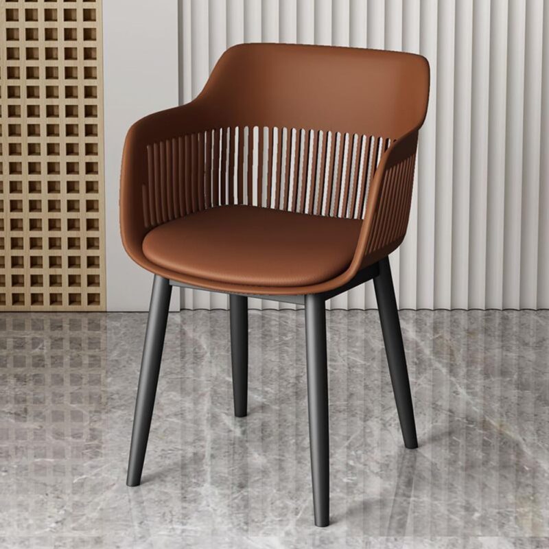 KRISHTHA Modern Armchair – Mid-Century Plastic Dining Chair with Mesh Back Design & Soft Cushion – Accent Leisure Chair for Kitchen, Balcony, Patio (Brown)