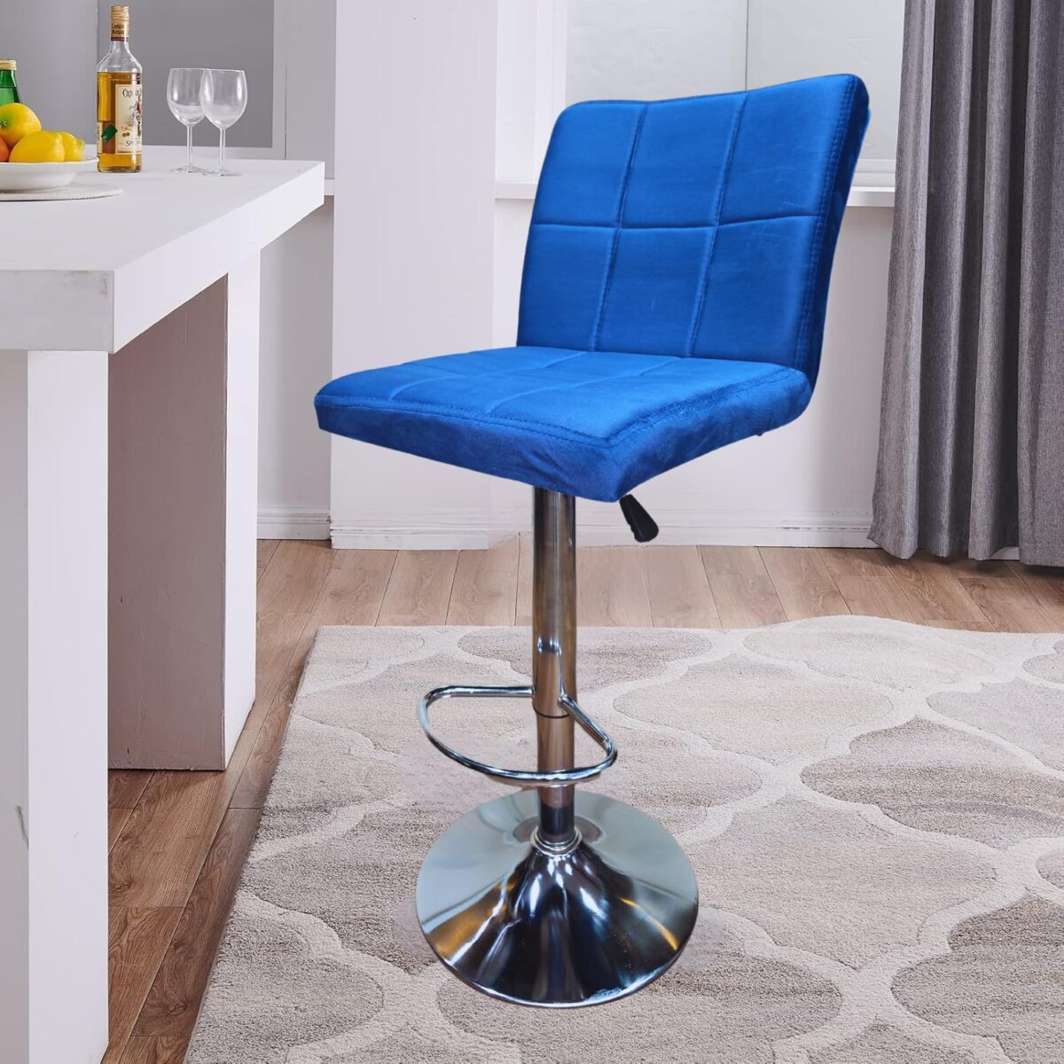 KRISHTHA Blue PU Leather Swivel Bar Stool | Adjustable Height, Hydraulic Lift, Square Thick Cushion Seat with Backrest | Armless Counter Chair for Kitchen & Bar
