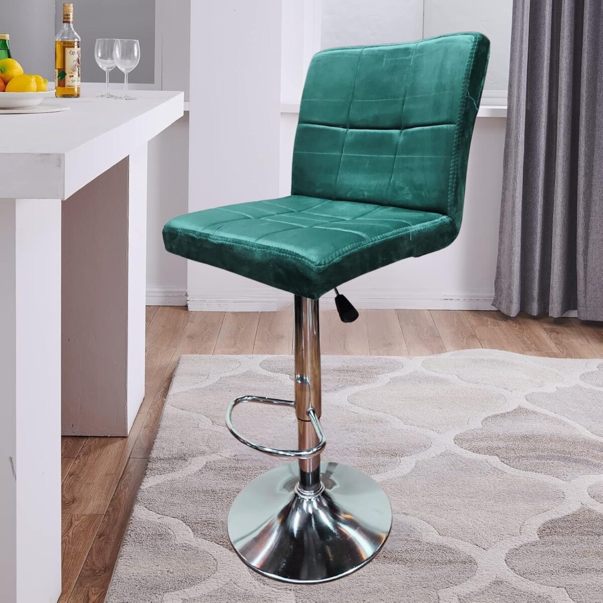 KRISHTHA Adjustable Swivel Bar Stool – Green | PU Leather, Hydraulic Lift, Thick Seat Cushion, Armless Kitchen Counter Chair with Backrest