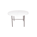 Krishtha Baron 4 Feet Round Foldable Table in pristine white. Featuring a spacious 48-inch diameter round top made from high-density polymer (HDPE), this table offers durability, weather resistance, and ease of maintenance. Its bi-fold design allows for effortless folding and compact storage, complete with a convenient built-in carry handle. Ideal for weddings, parties, garden events, patios, and commercial functions, the Krishtha Baron table is designed to withstand heavy use while providing a clean, modern look that suits any occasion. Portable and robust, it’s the perfect solution for your indoor and outdoor dining and event needs.