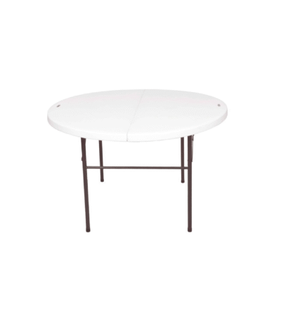 Krishtha Baron 4 Feet Round Foldable Table in pristine white. Featuring a spacious 48-inch diameter round top made from high-density polymer (HDPE), this table offers durability, weather resistance, and ease of maintenance. Its bi-fold design allows for effortless folding and compact storage, complete with a convenient built-in carry handle. Ideal for weddings, parties, garden events, patios, and commercial functions, the Krishtha Baron table is designed to withstand heavy use while providing a clean, modern look that suits any occasion. Portable and robust, it’s the perfect solution for your indoor and outdoor dining and event needs.