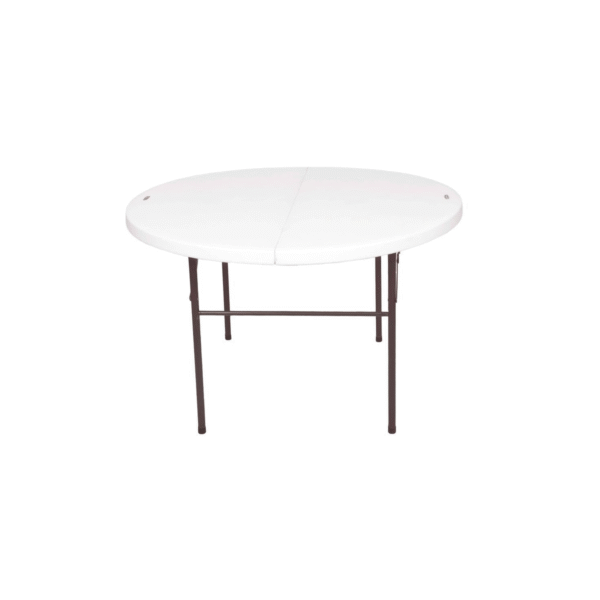 Krishtha Baron 4 Feet Round Foldable Table in pristine white. Featuring a spacious 48-inch diameter round top made from high-density polymer (HDPE), this table offers durability, weather resistance, and ease of maintenance. Its bi-fold design allows for effortless folding and compact storage, complete with a convenient built-in carry handle. Ideal for weddings, parties, garden events, patios, and commercial functions, the Krishtha Baron table is designed to withstand heavy use while providing a clean, modern look that suits any occasion. Portable and robust, it’s the perfect solution for your indoor and outdoor dining and event needs.