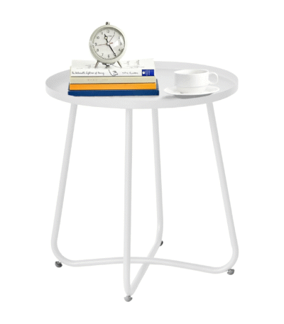 Krishtha Outdoor Round Side Table – Small White Patio End Table with Weather-Resistant Steel for Balcony, Garden, Yard & Terrace Use