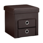 Nilkamal Folding Storage Ottoman with 2 Pull-Out Drawers – Faux Leather Seat Pouffe Footstool with Removable Box, Foldable Storage Cube (Brown, 38 x 38 x 38 cm)